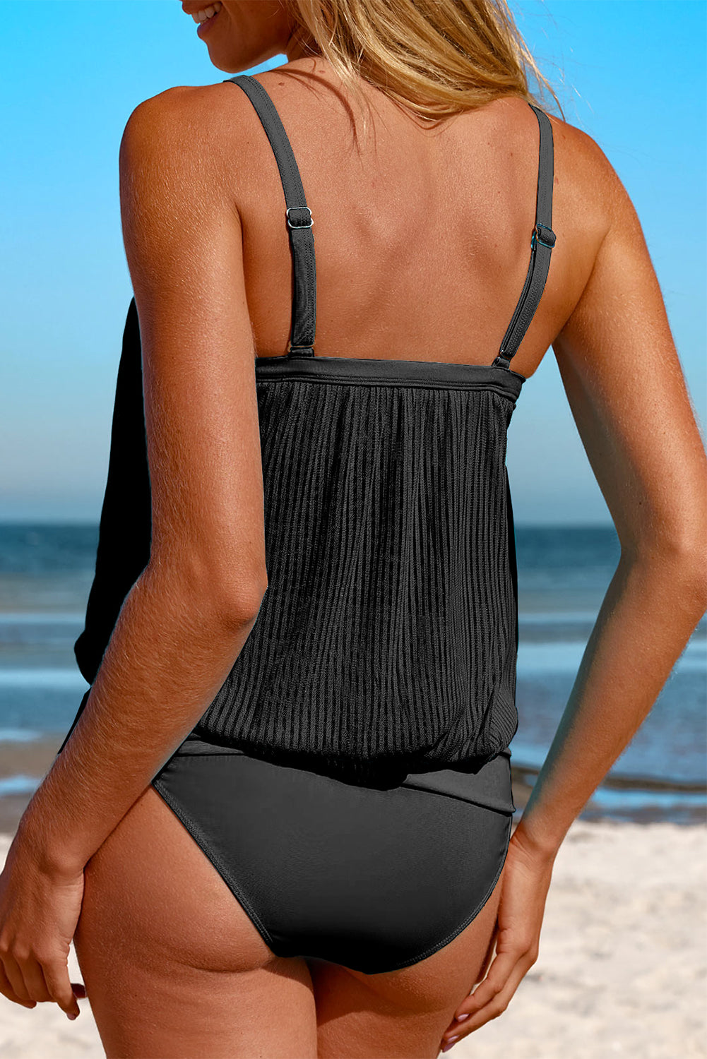 Turquoise Striped Mesh Knotted Hem Tankini Swimsuit eAura