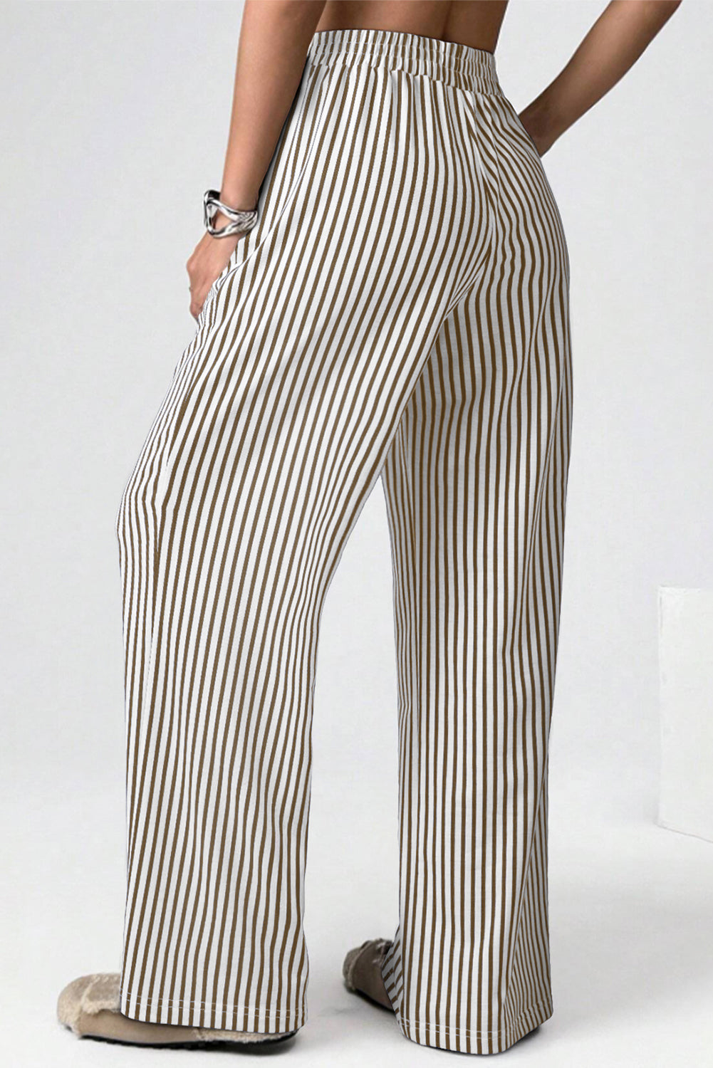 Striped Elastic High Waist Pocketed Loose Trousers - Bottoms/Pants & Culotte