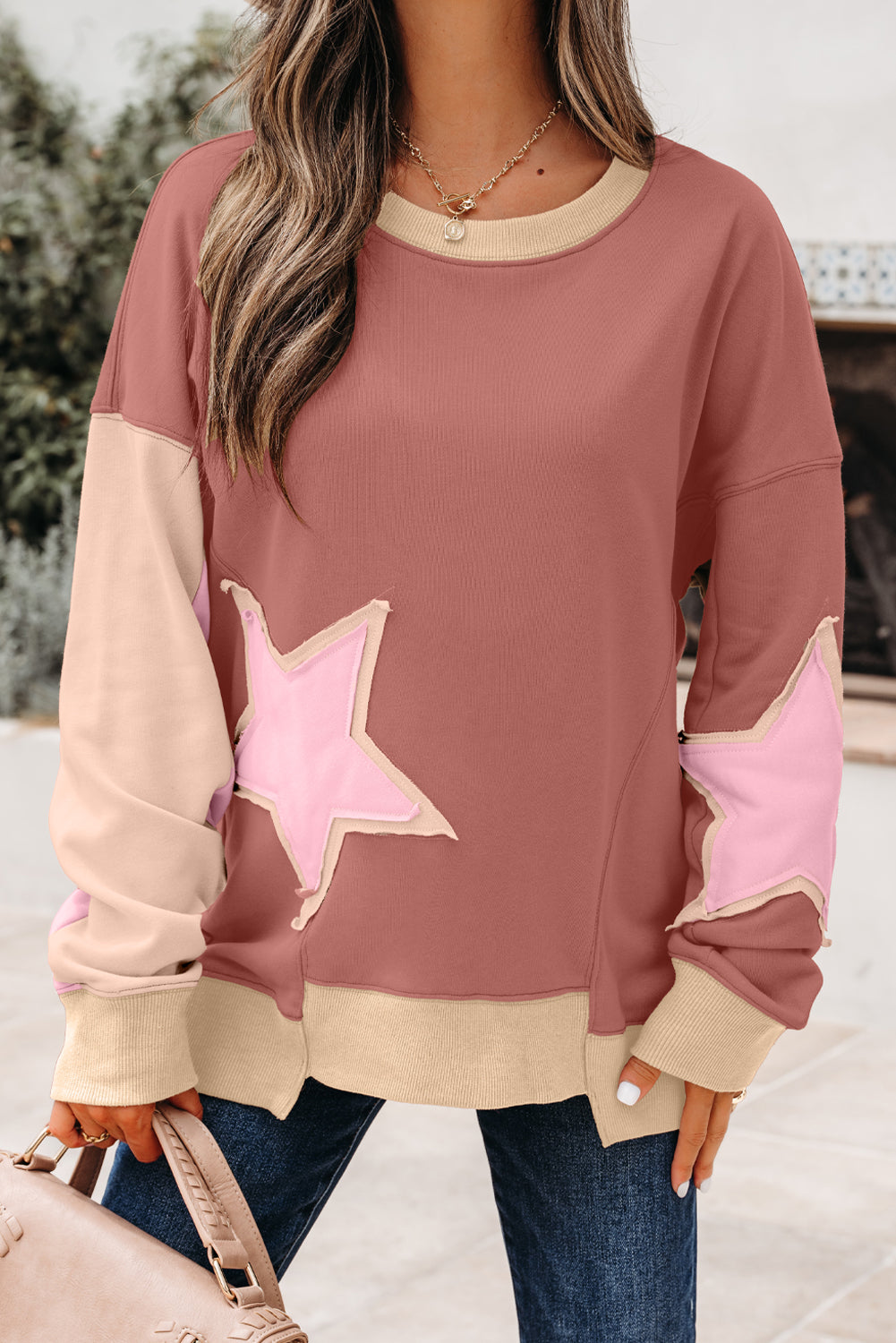 Contrast Star Patchwork Exposed Seam Uneven Hem Drop Shoulder Sweatshirt - eAura