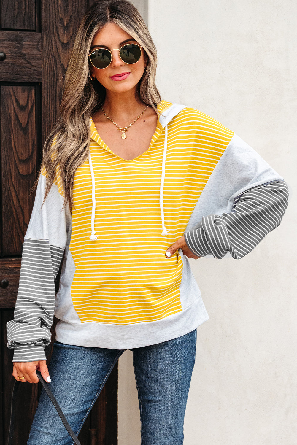 Yellow Stripe Color Block Drawstring V Neck Loose Fit Hooded Top - eAura