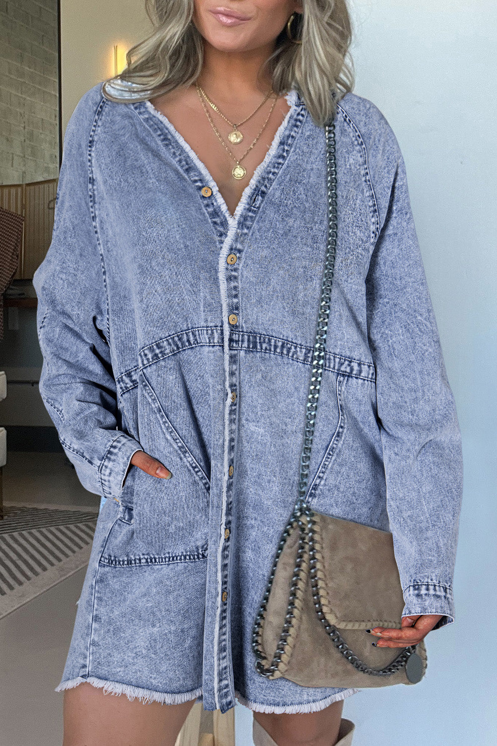 Beau Blue Mineral Wash Long Sleeve Button Up Raw Hem Pocketed Denim Dress eAura