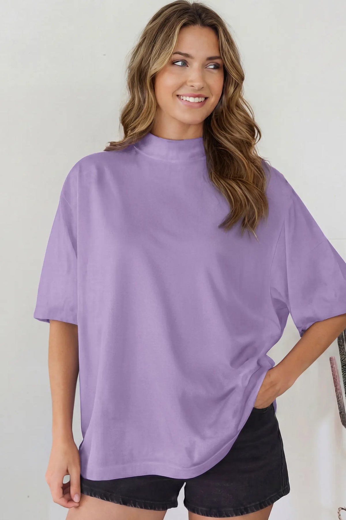 Solid Colour High Neck Oversize Tee – Wisteria