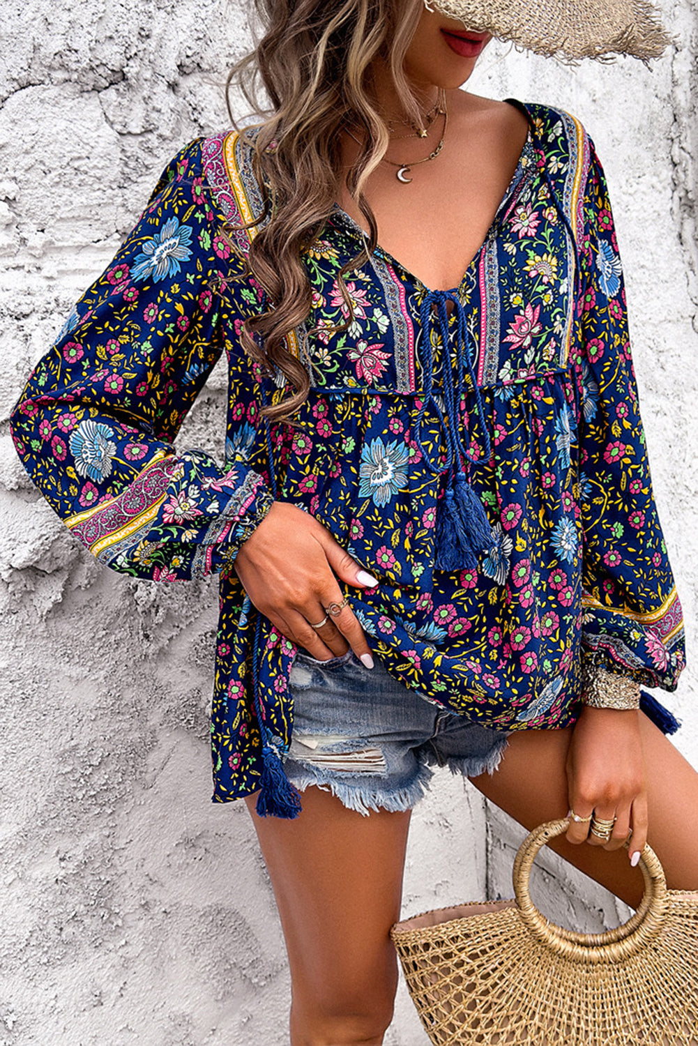 Traditional Print Tassel Tie Front Blouse - eAura