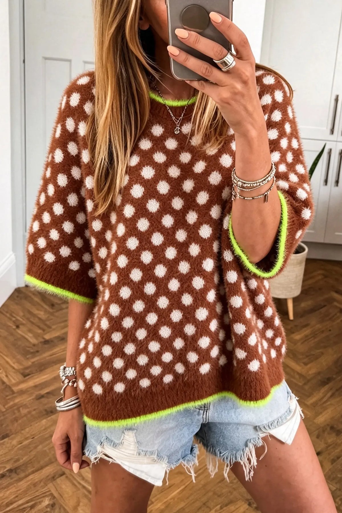 Polka Dot Contrast Trim Round Neck Half Sleeve Sweater