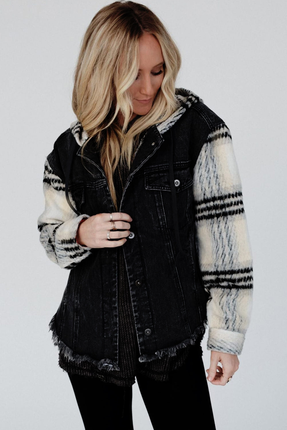 Black Plaid Sleeve Frayed Hem Hooded Denim Jacket Beagle Boutique Fashion Outlet