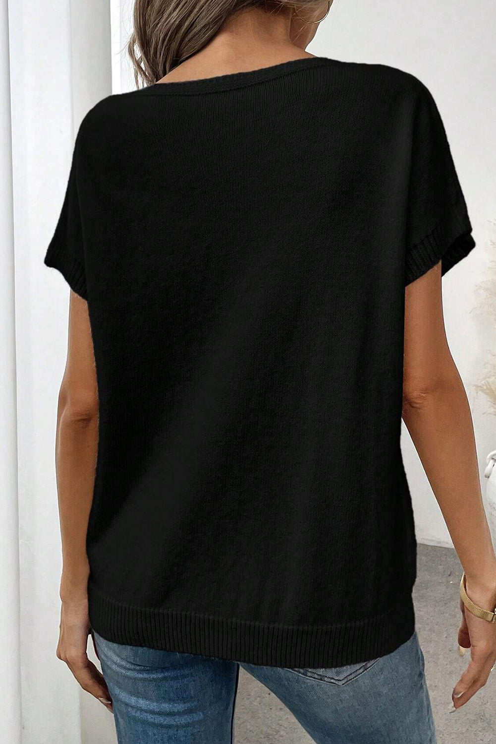 Bow Pattern Knit Short Sleeve Black Sweater eAura