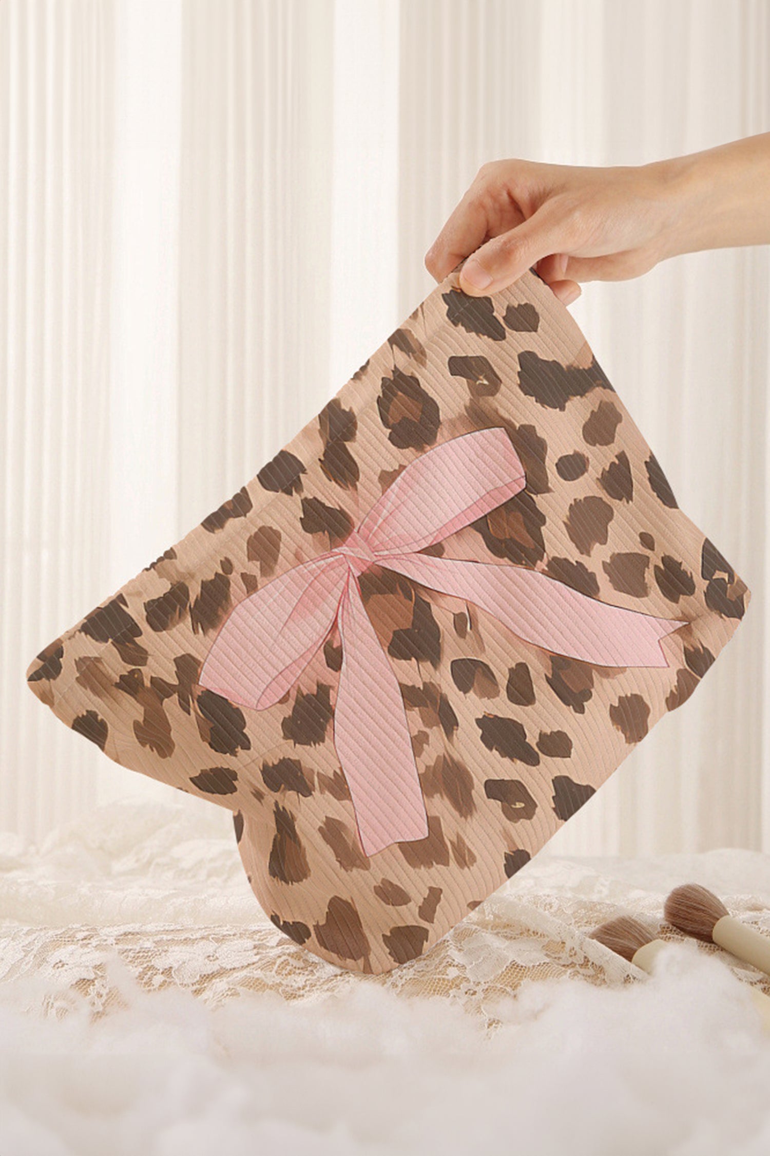 Camel Leopard Print Ribbon Bow Makeup Bag