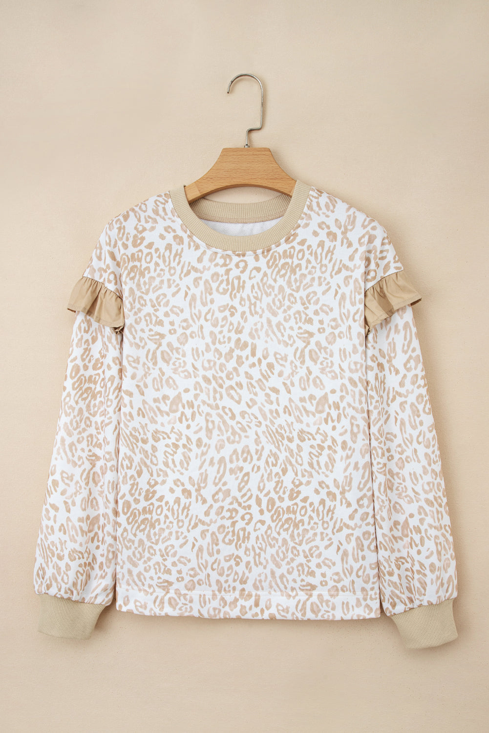 Leopard Ruffle Detail Ribbed Trim Round Neck Sweatshirt - eAura