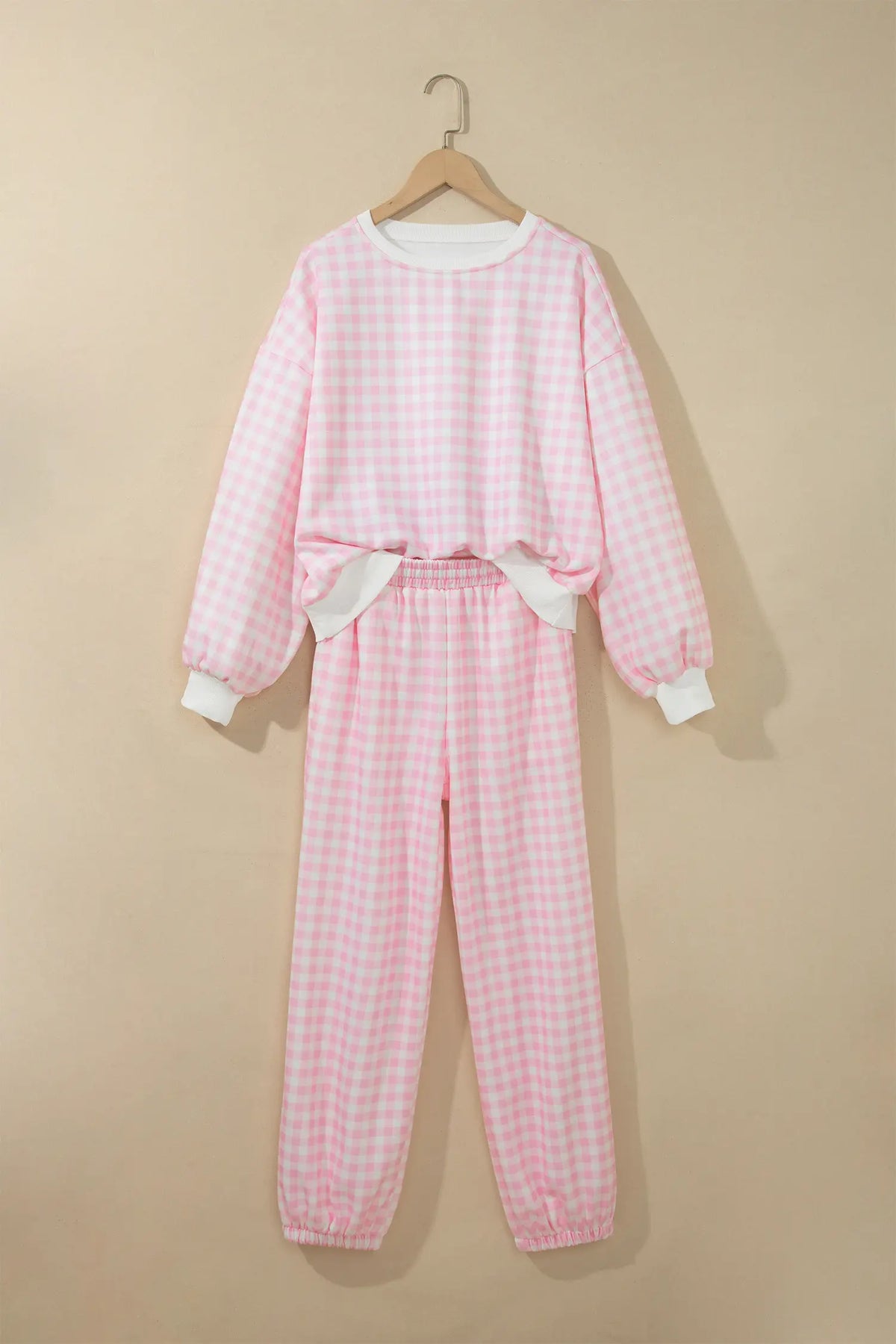 Plaid Long Sleeve Two Piece Pant Set – Pink