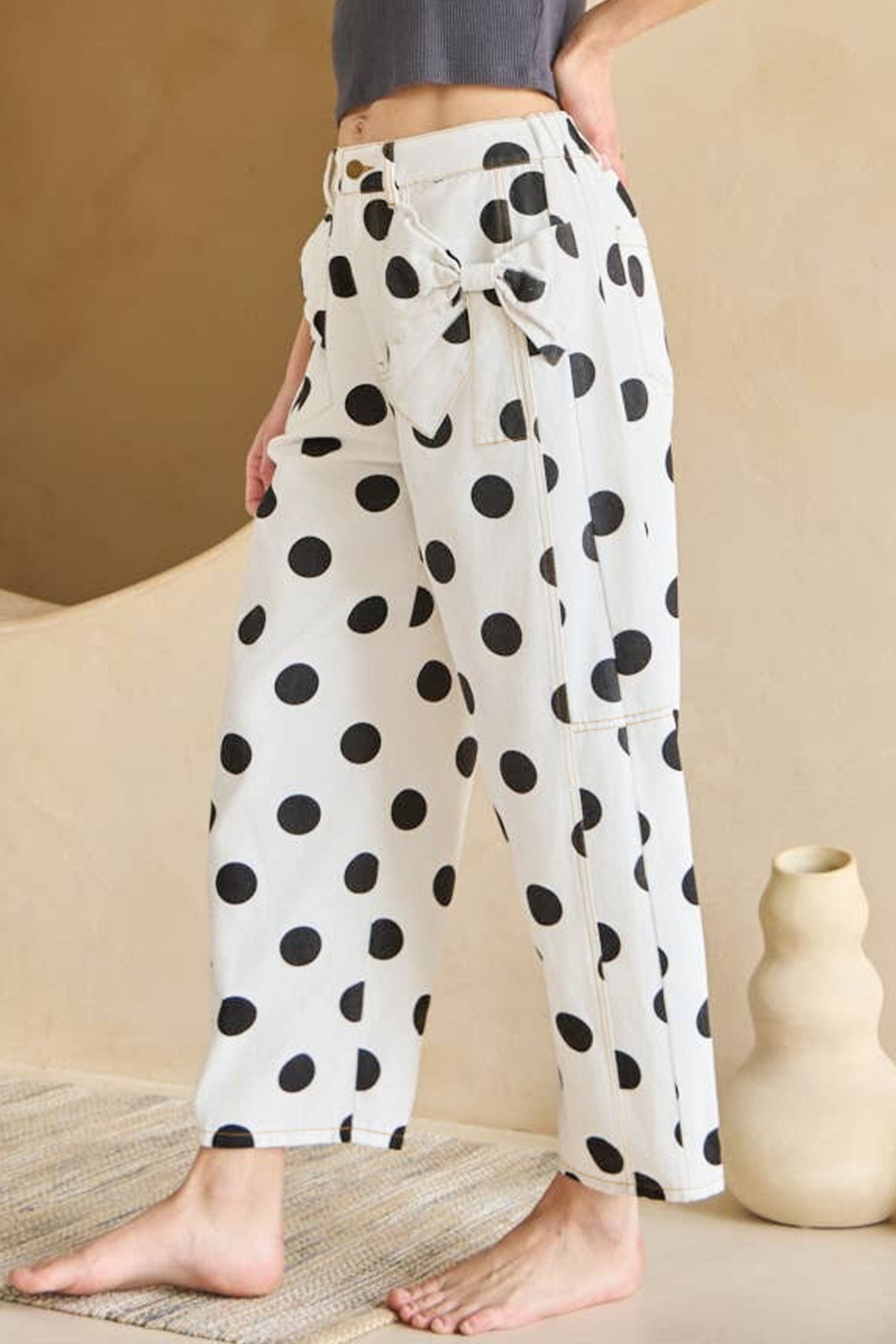 Polka Dot Print Bow Detail Pocketed Jeans