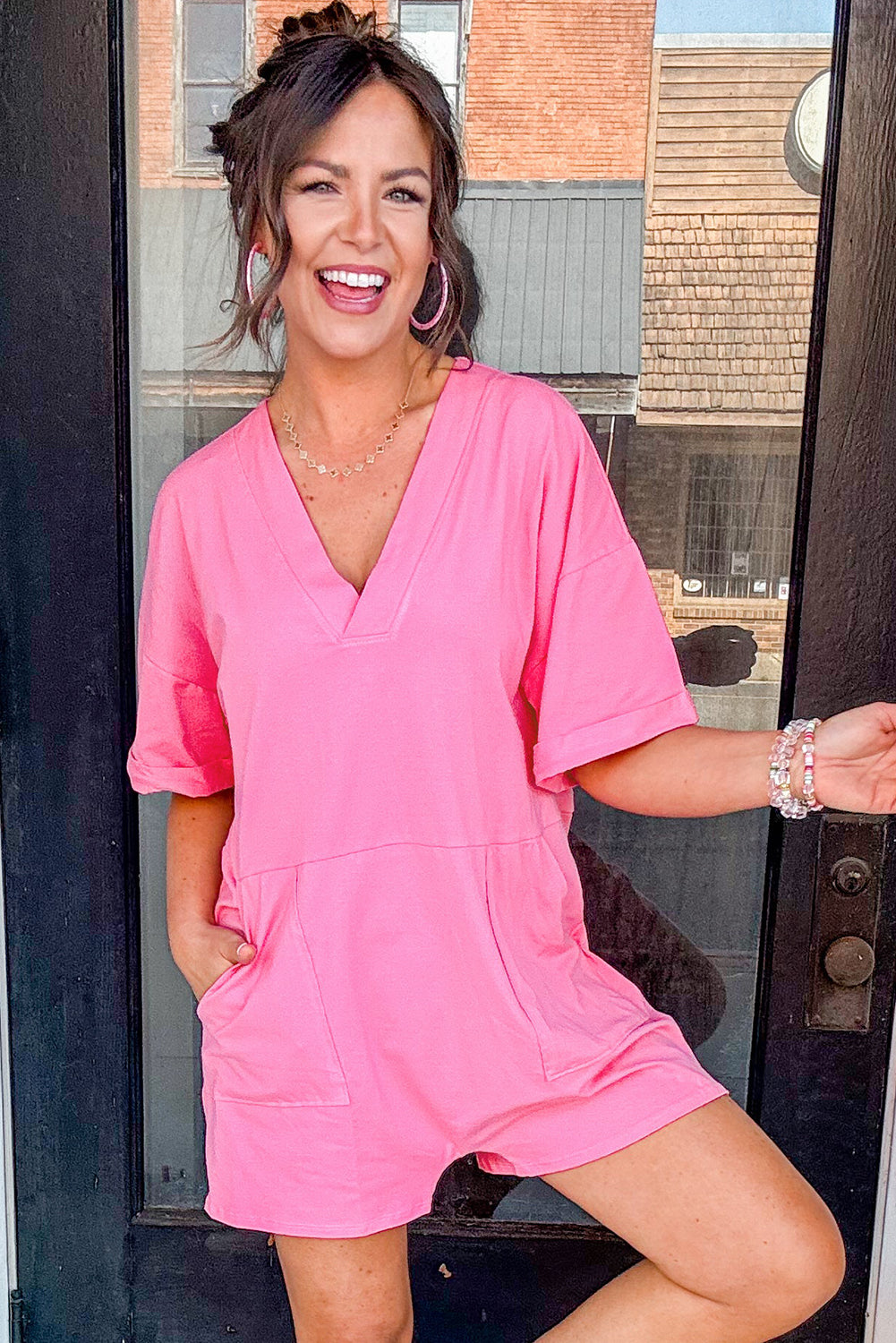 Bonbon Loose Half Sleeve V Neck Knit Romper eAura