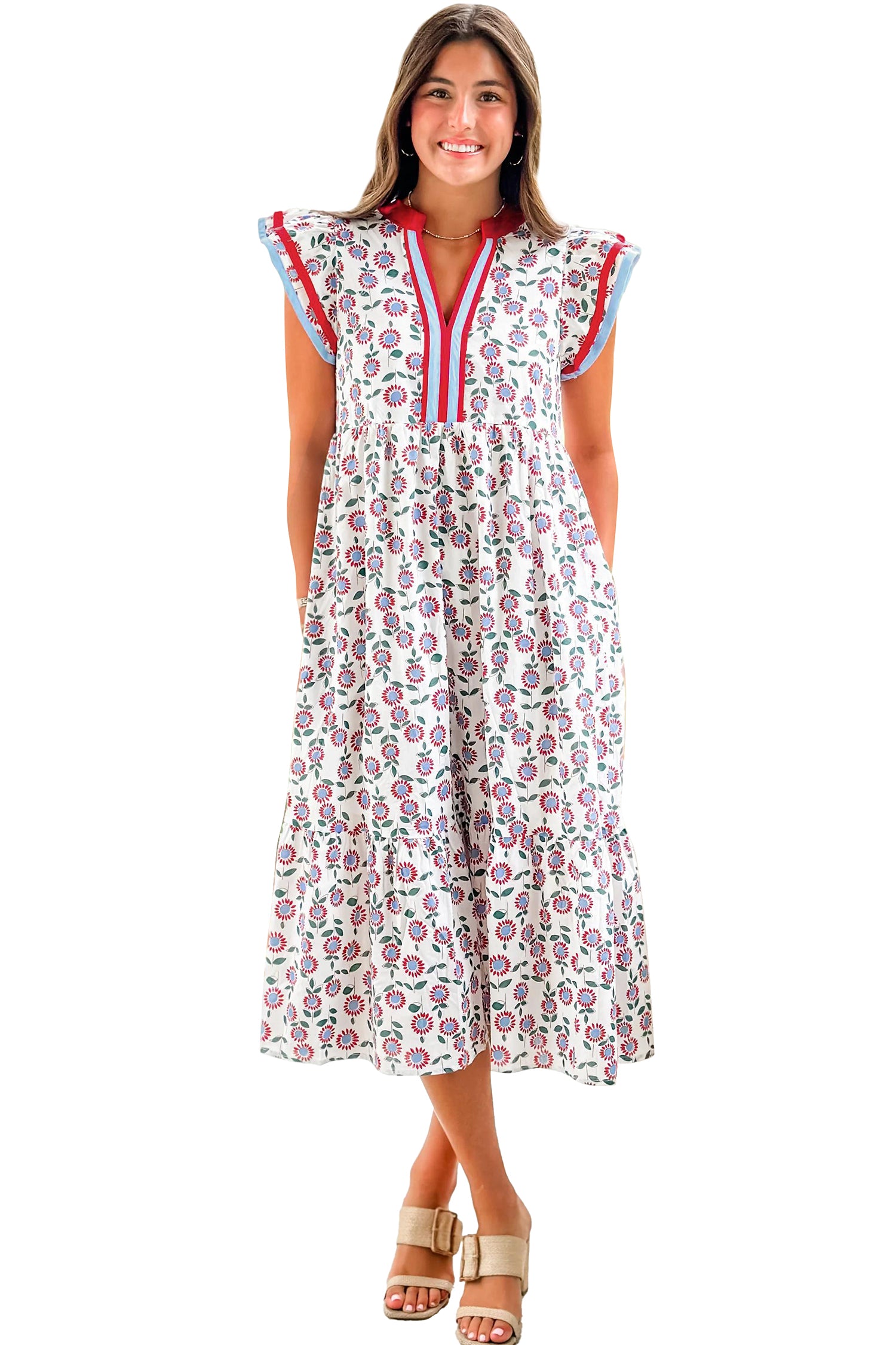 Sunflower Print Striped Patchwork Trim Flutter Sleeve Long Dress