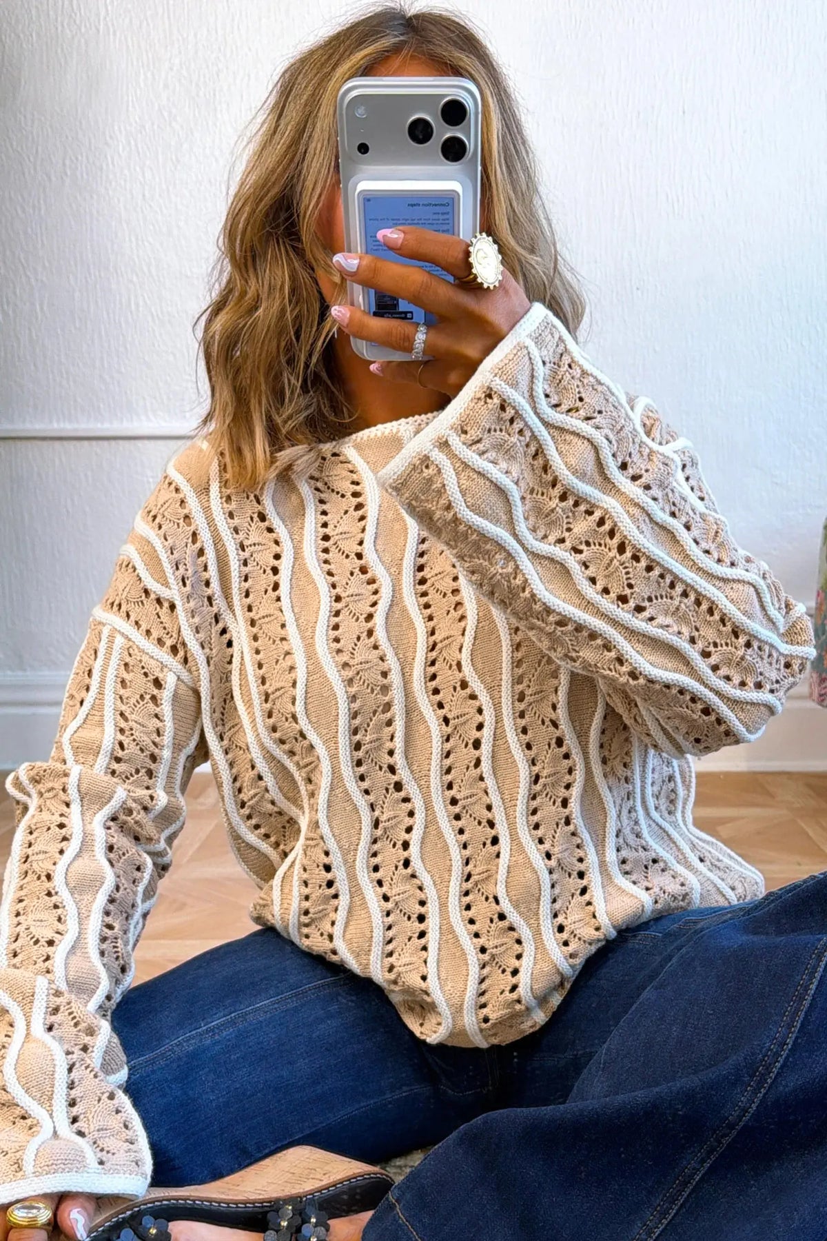 Wavy Detail Hollow Out Knit Long Sleeve Cotton Pullover Sweater – Pink