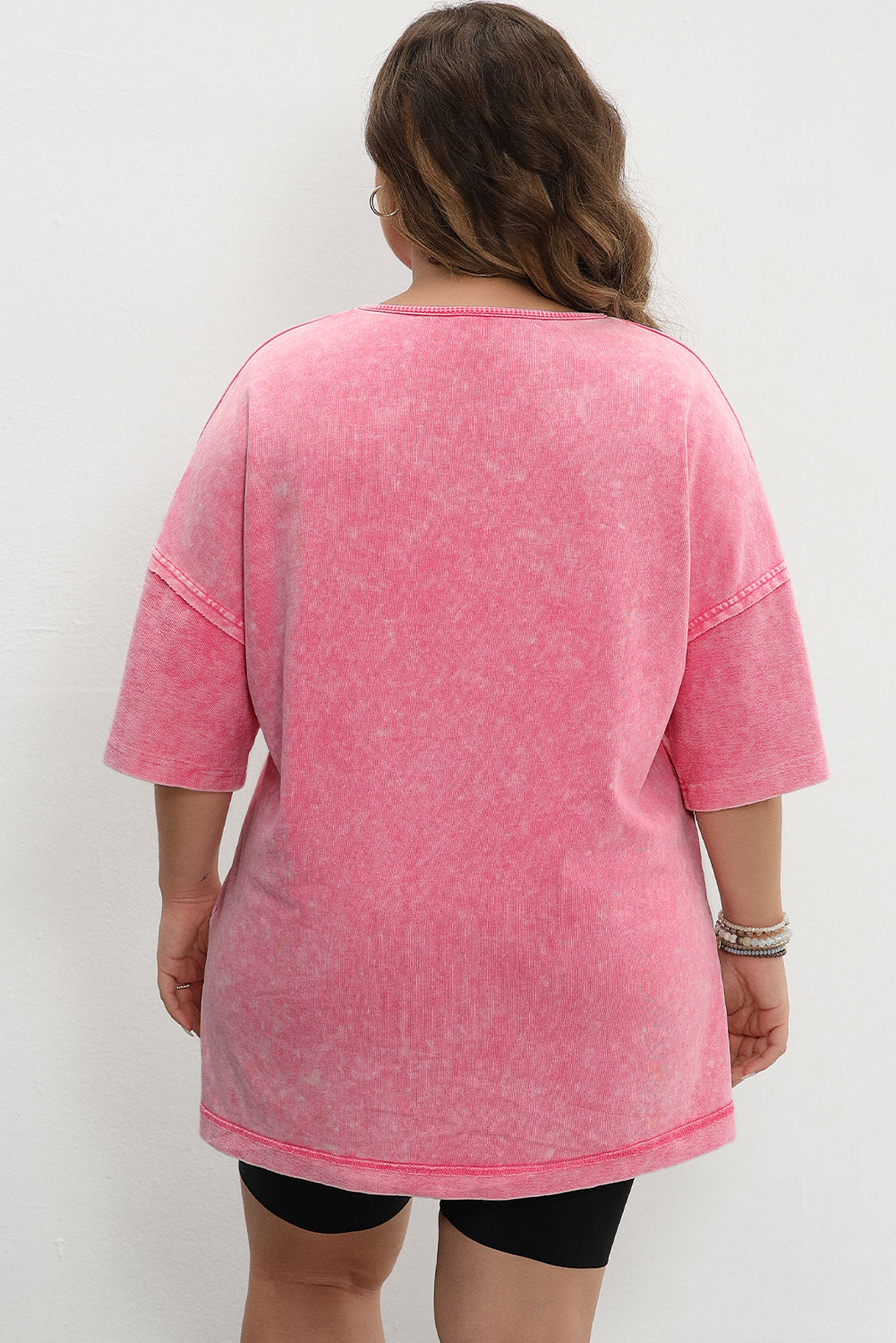 Strawberry Pink Mineral Wash Drop Sleeve Patchwork Plus Tee BB Fashion Outlet