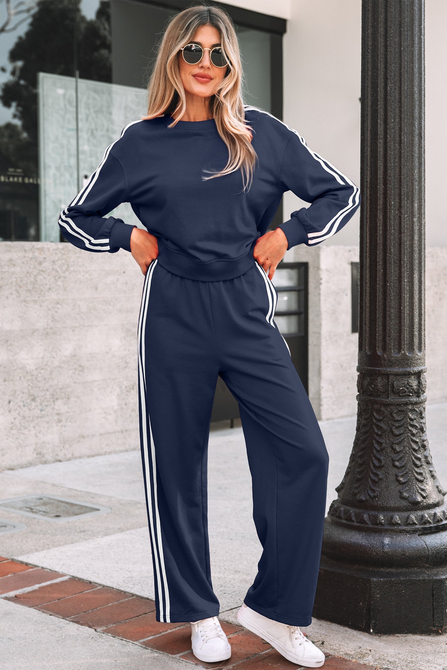 Varsity Striped Detail Crewneck Pullover Elastic Sweatpants 2pcs Co-ord - Two Piece Sets/Pant Sets