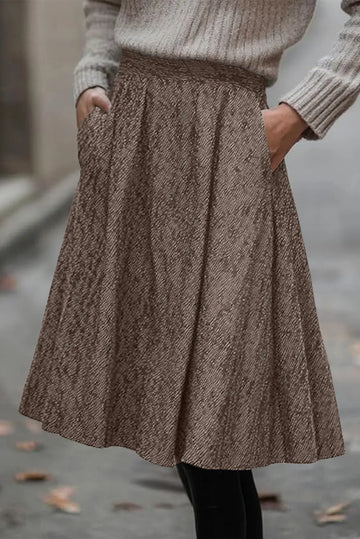Solid Colour Textured Pleated Midi Skirt – Brown