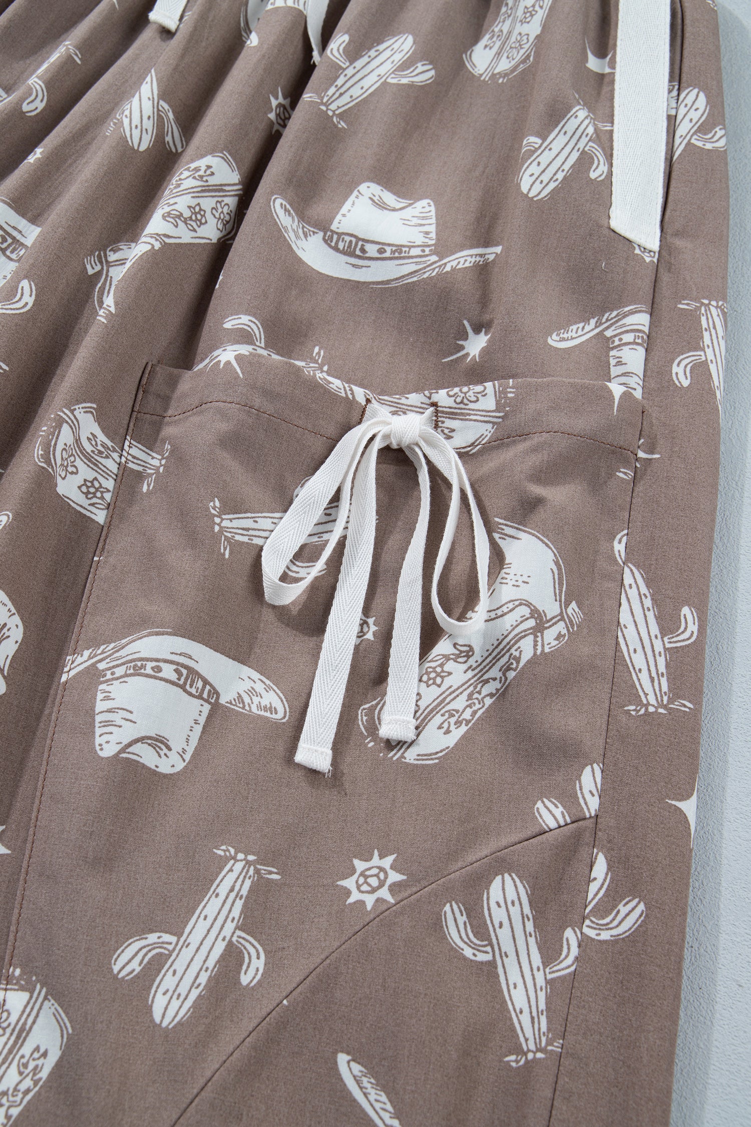 Khaki Western Print Drawstring Jogger Pants