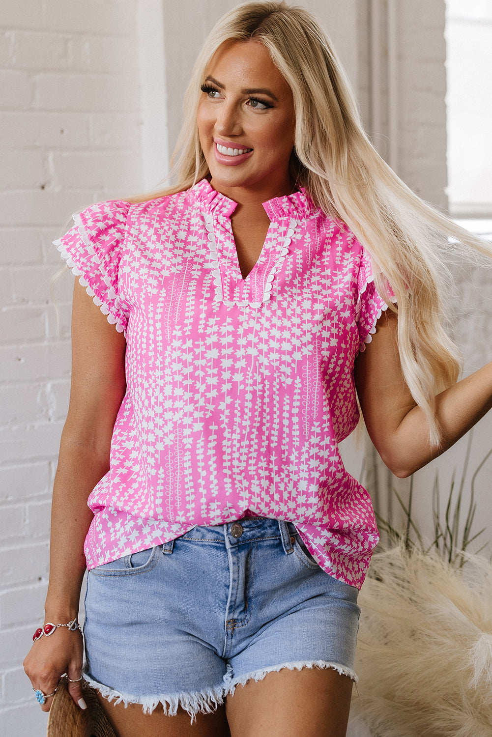 Pink Abstract Print Ric Rac Trim Flutter Sleeve Notch V Neck Blouse eAura