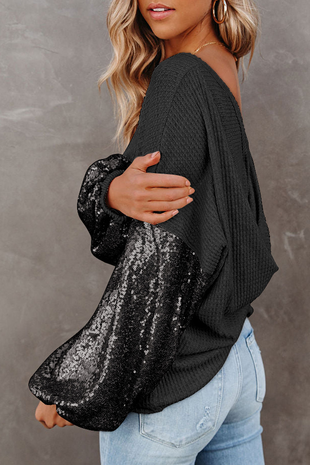 Black Sequin Patchwork Sleeve Open Back Waffle Knit Top eAura