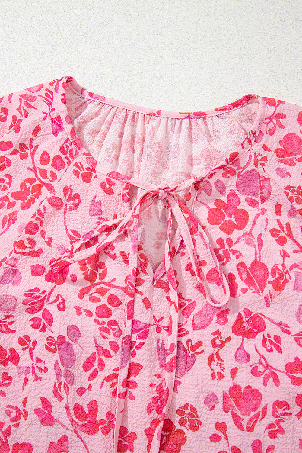 Pink Floral Puff Sleeve Split Neck Lightweight Blouse - eAura