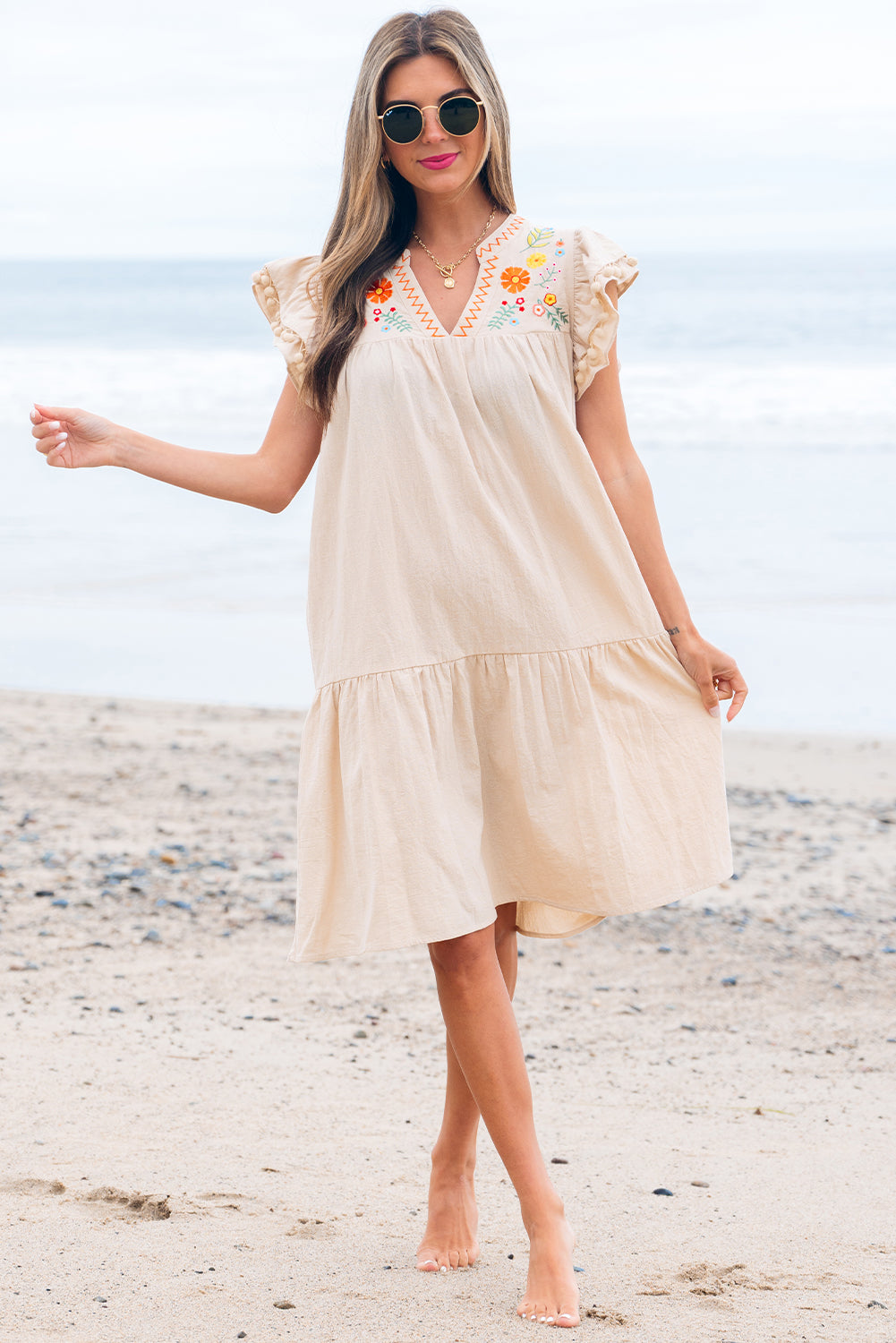Jet Stream Linen Embroidery Split Neck Pom Pom Ruffle Sleeves Flowy Short Dress eAura