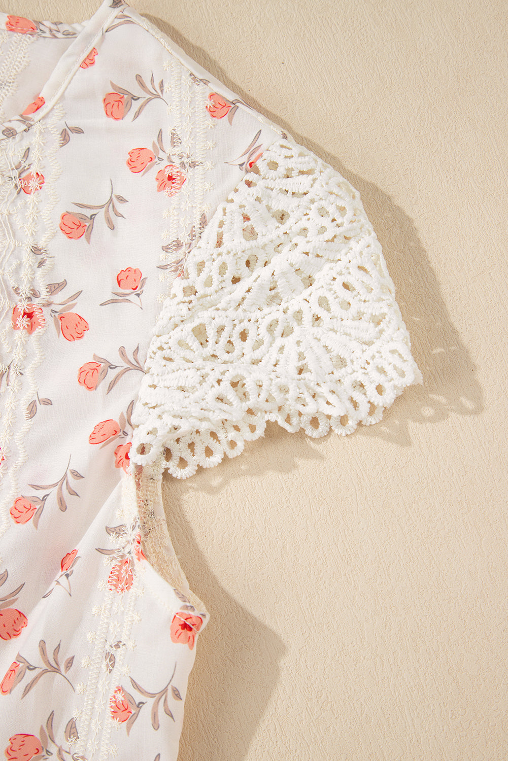 Pink Floral Print Embroidery Detail Crochet Cap Sleeve Blouse eAura