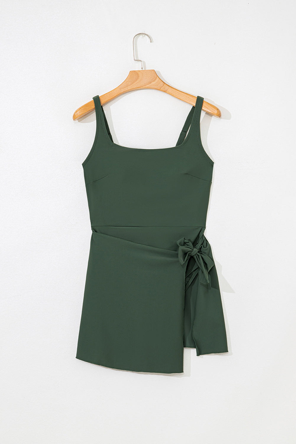 Mist Green Side Tied Waist Square Neck Adjustable Straps A-line One Piece Swim Dress eAura