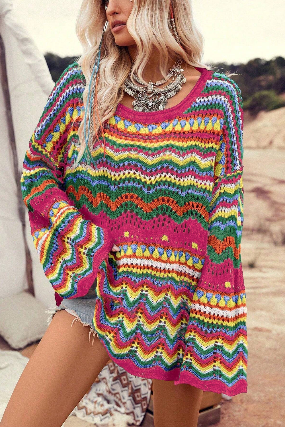 Rose Red Colourblock Striped Hollowed Knit Loose Sleeve Sweater eAura