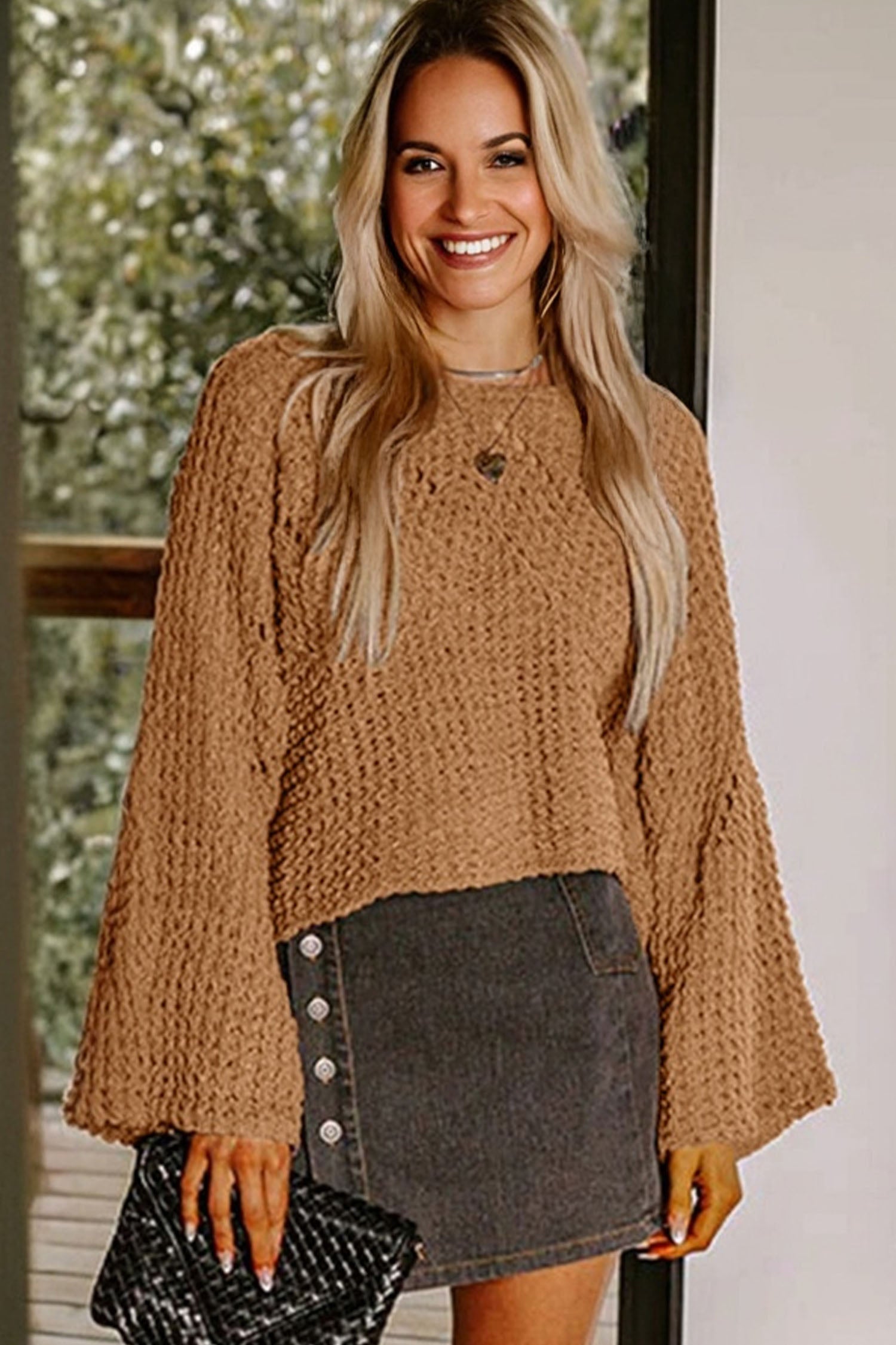 Hollowed Detail Wide Sleeve Baggy Sweater - eAura