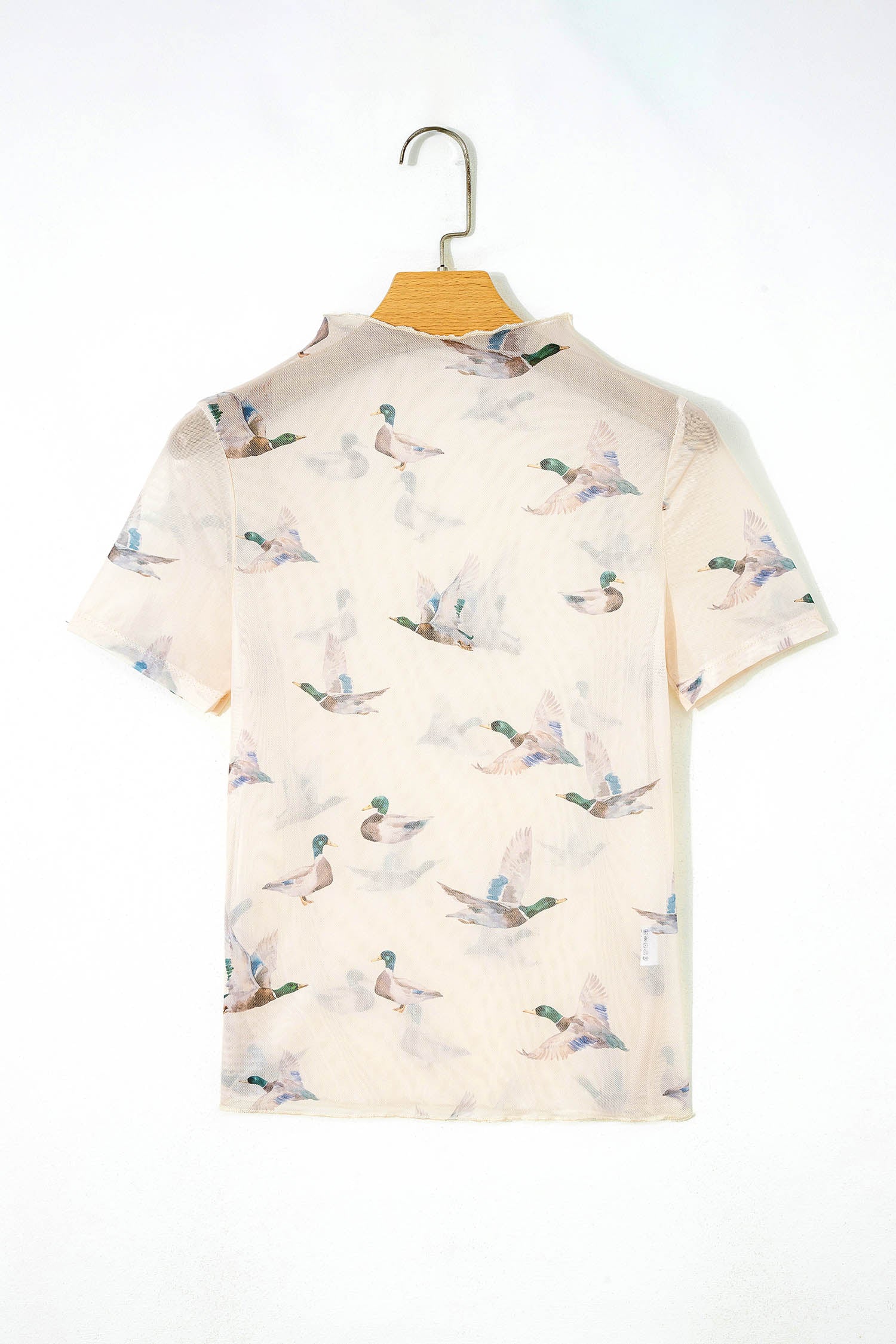 Beige Mallard Print Sheer Mesh Short Sleeve Top