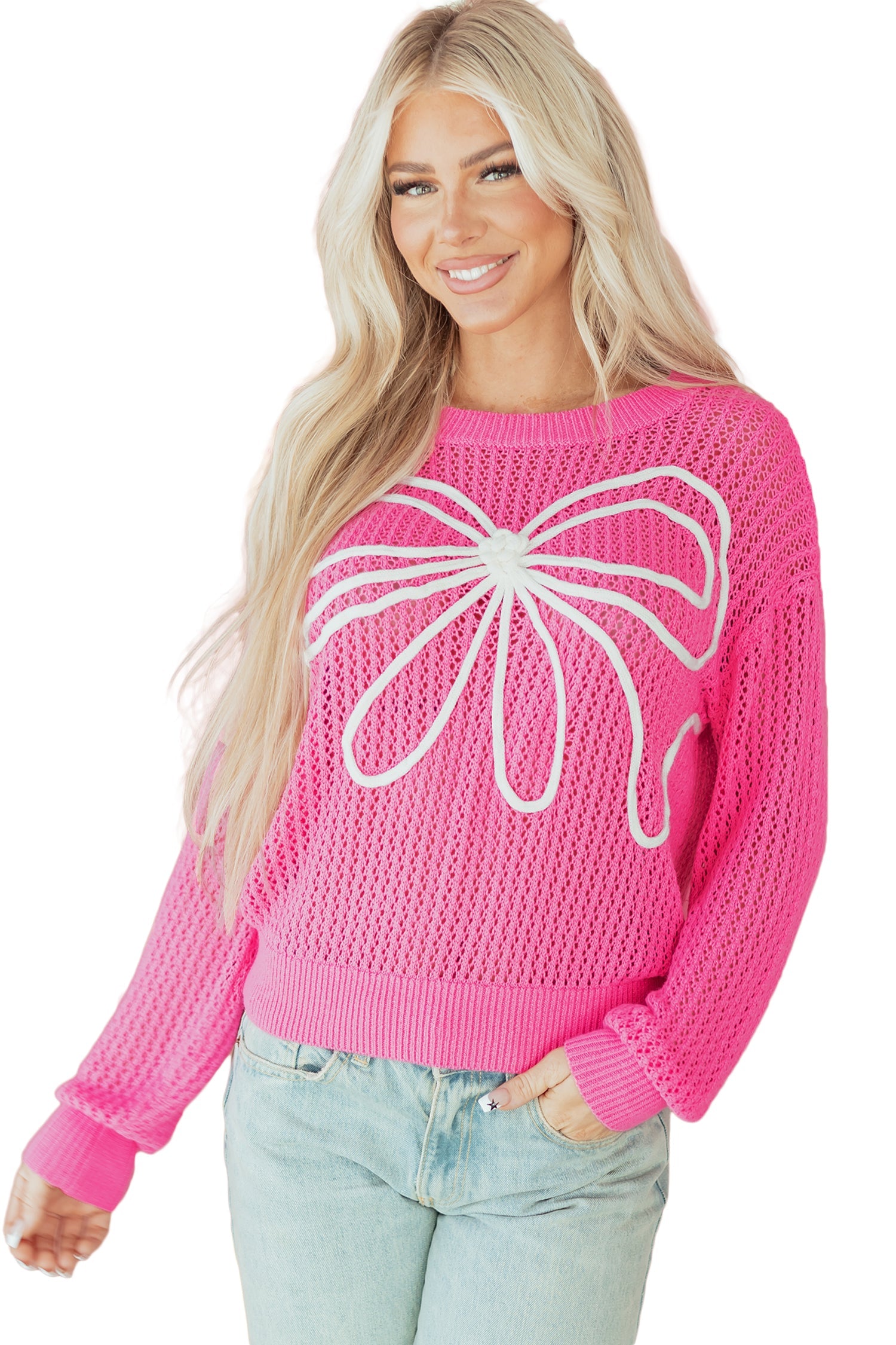 Sachet Pink Sweet Bow Decor Hollow Out Knit Drop Shoulder Sweater - eAura