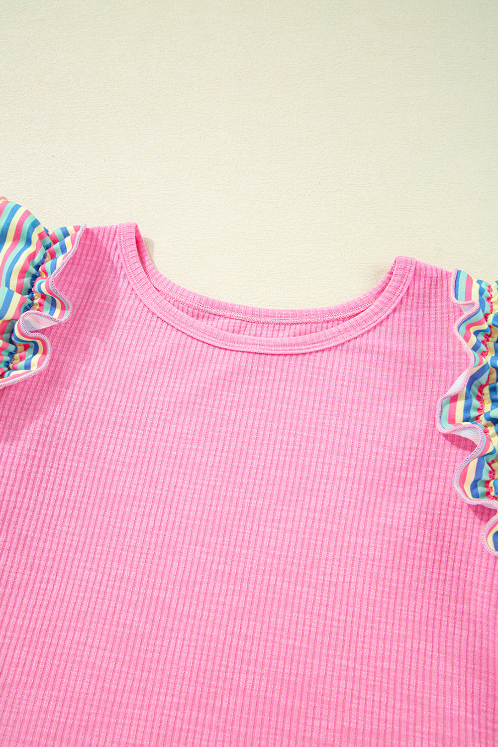 Bonbon Striped Ruffle Flutter Sleeve Ribbed Blouse eAura