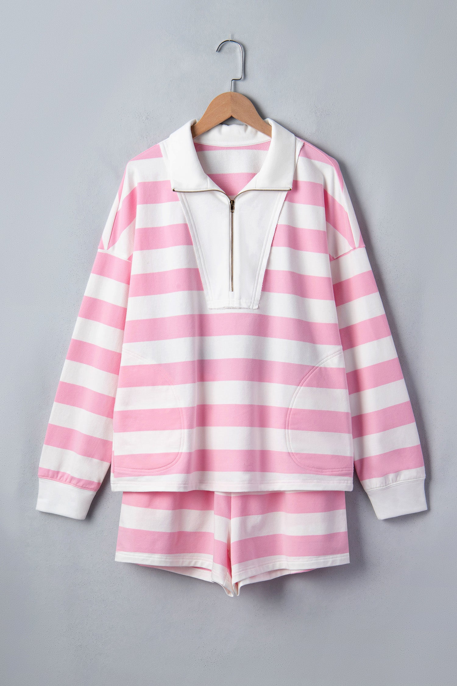 Patchwork Zipper Pullover Elastic Waist Shorts 2pcs Set – Pink Stripe