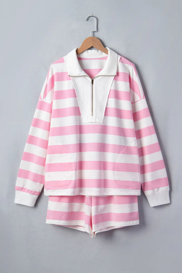 Patchwork Zipper Pullover Elastic Waist Shorts 2pcs Set – Pink Stripe