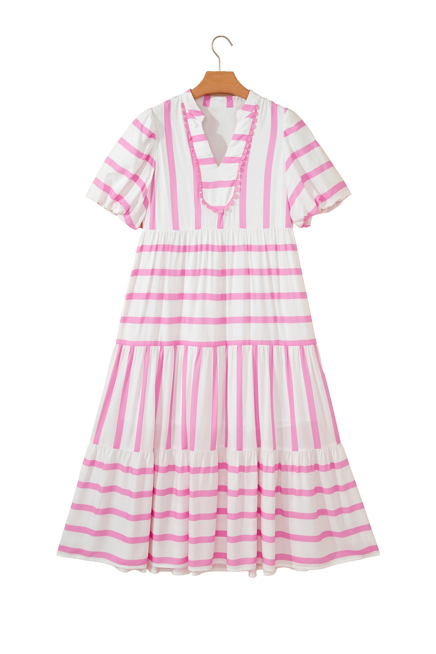 Stripe Ricrac Trim Puff Sleeve Midi Vacation Dress – Pink