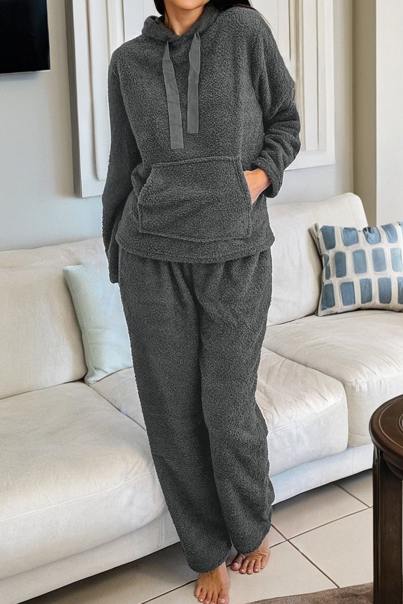 Grey Fuzzy Drawstring Hoodie Loungewear Co-ord Set - eAura