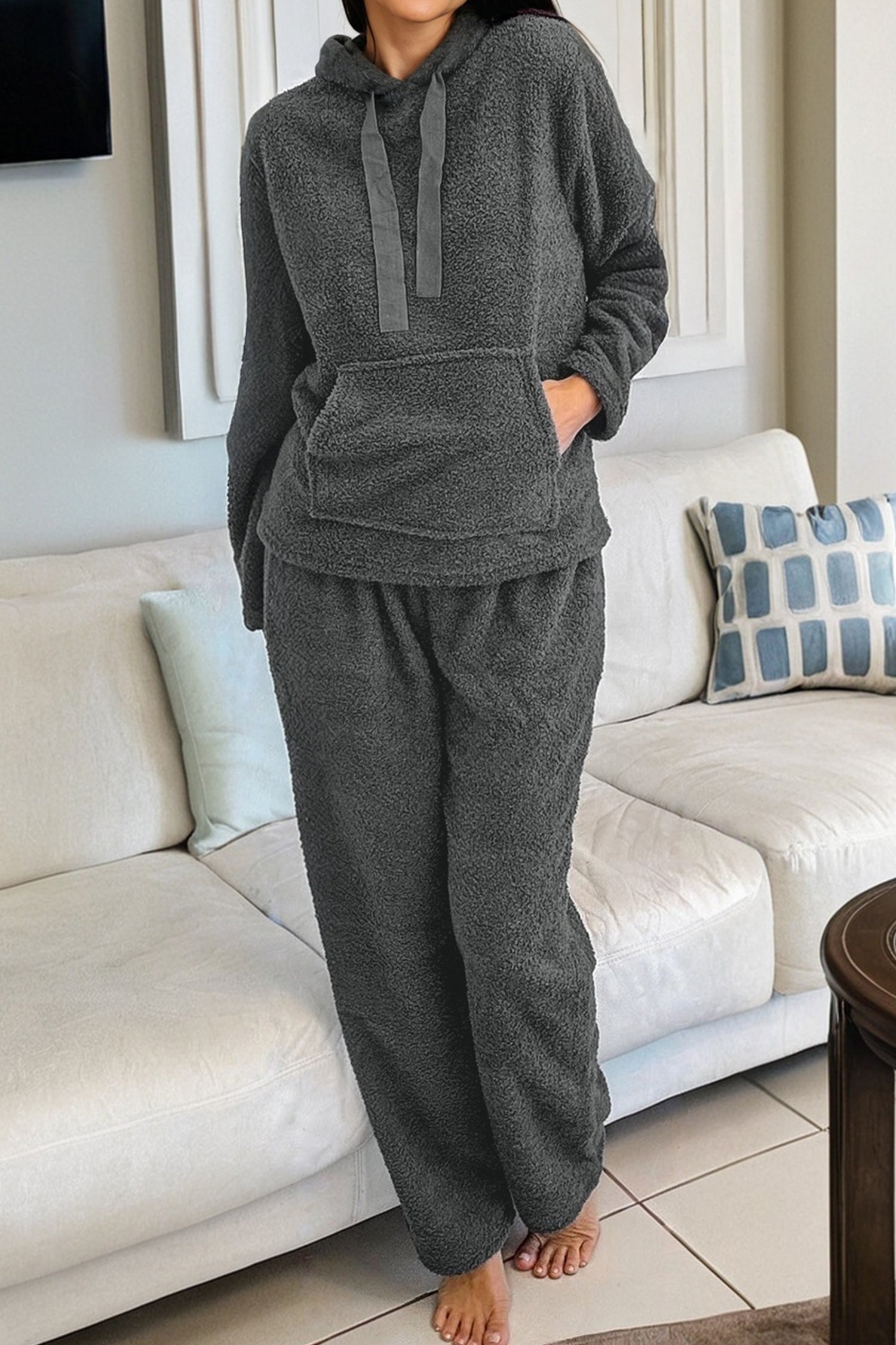 Grey Fuzzy Drawstring Hoodie Loungewear Co-ord Set - eAura