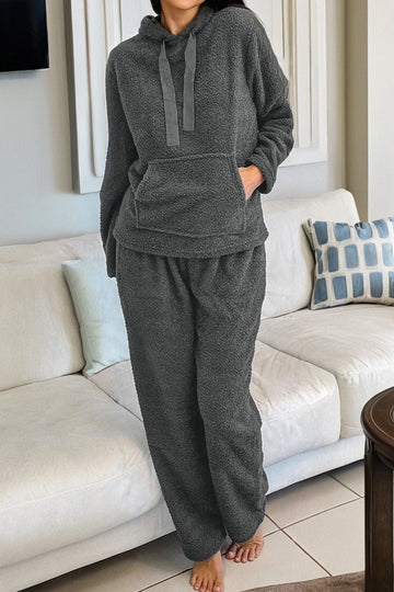 Grey Fuzzy Drawstring Hoodie Loungewear Co-ord Set - eAura