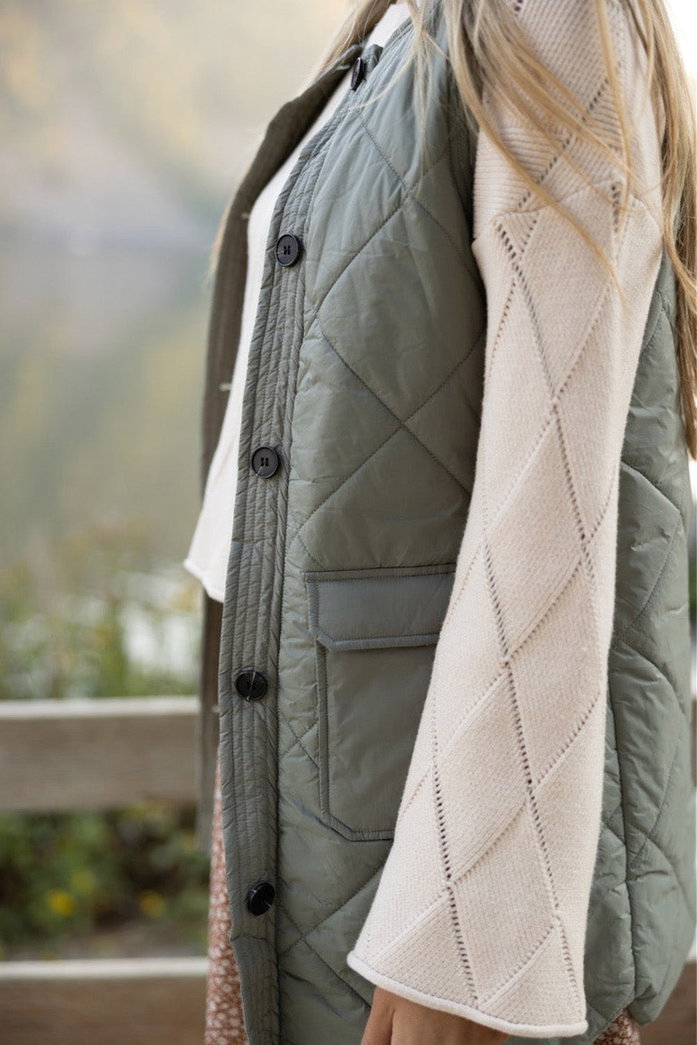 Grass Green Quilted Long Sleeveless Coat with Pockets eAura