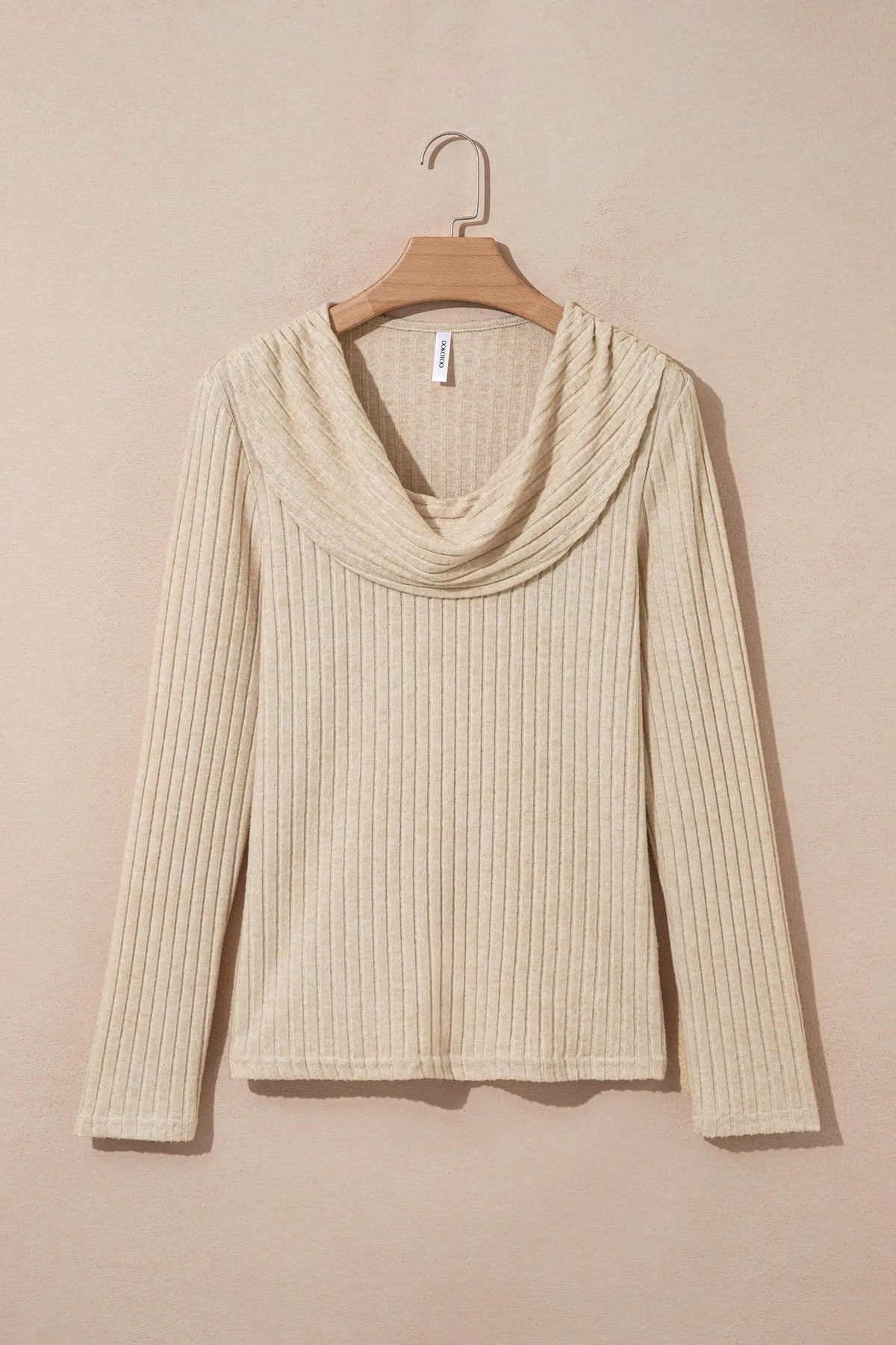 Apricot Solid Colour Ribbed Knit Cowl Neck Long Sleeve Top – Beige