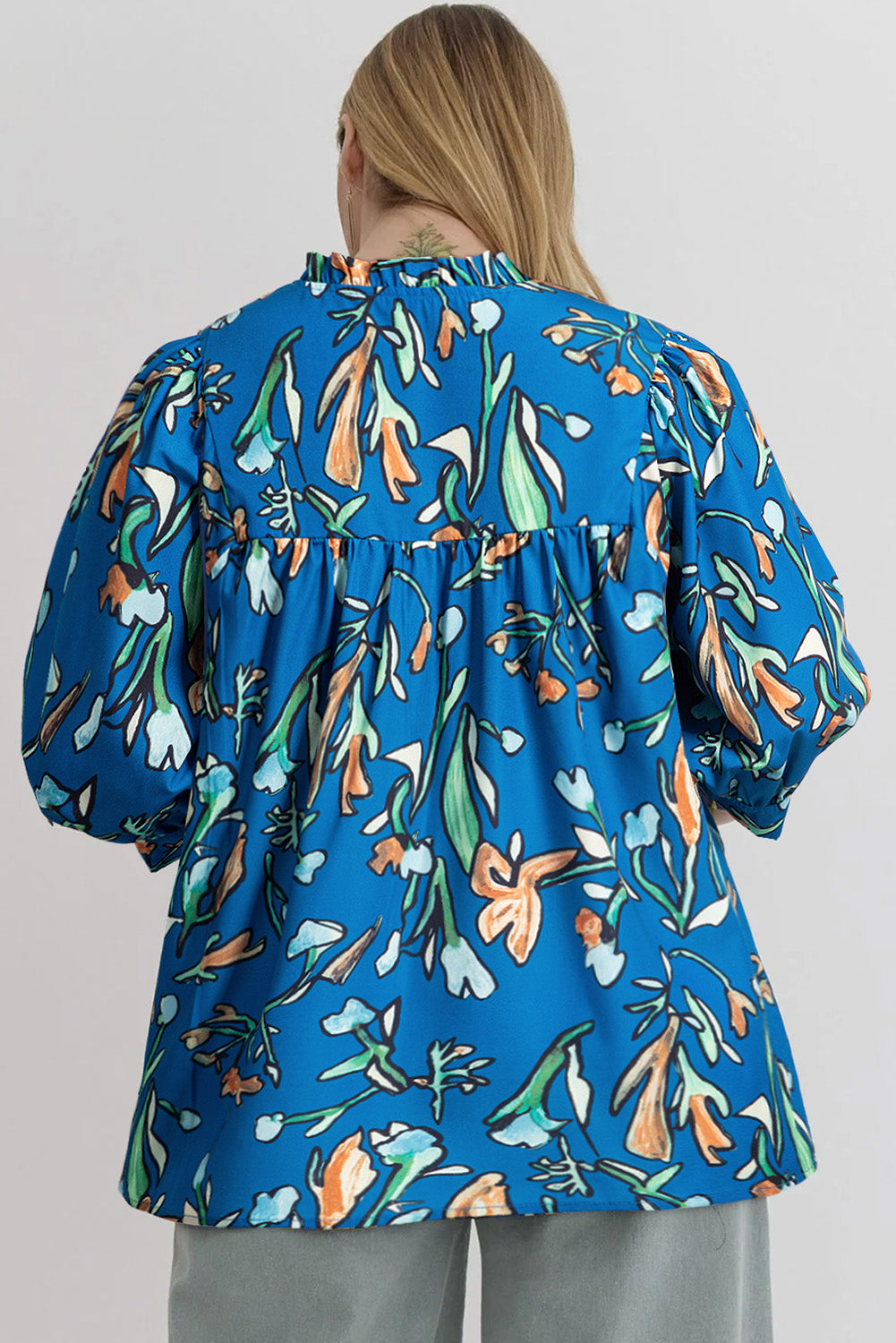Blue Floral Notched V Neck Half Sleeve Plus Size Blouse BB Fashion Outlet