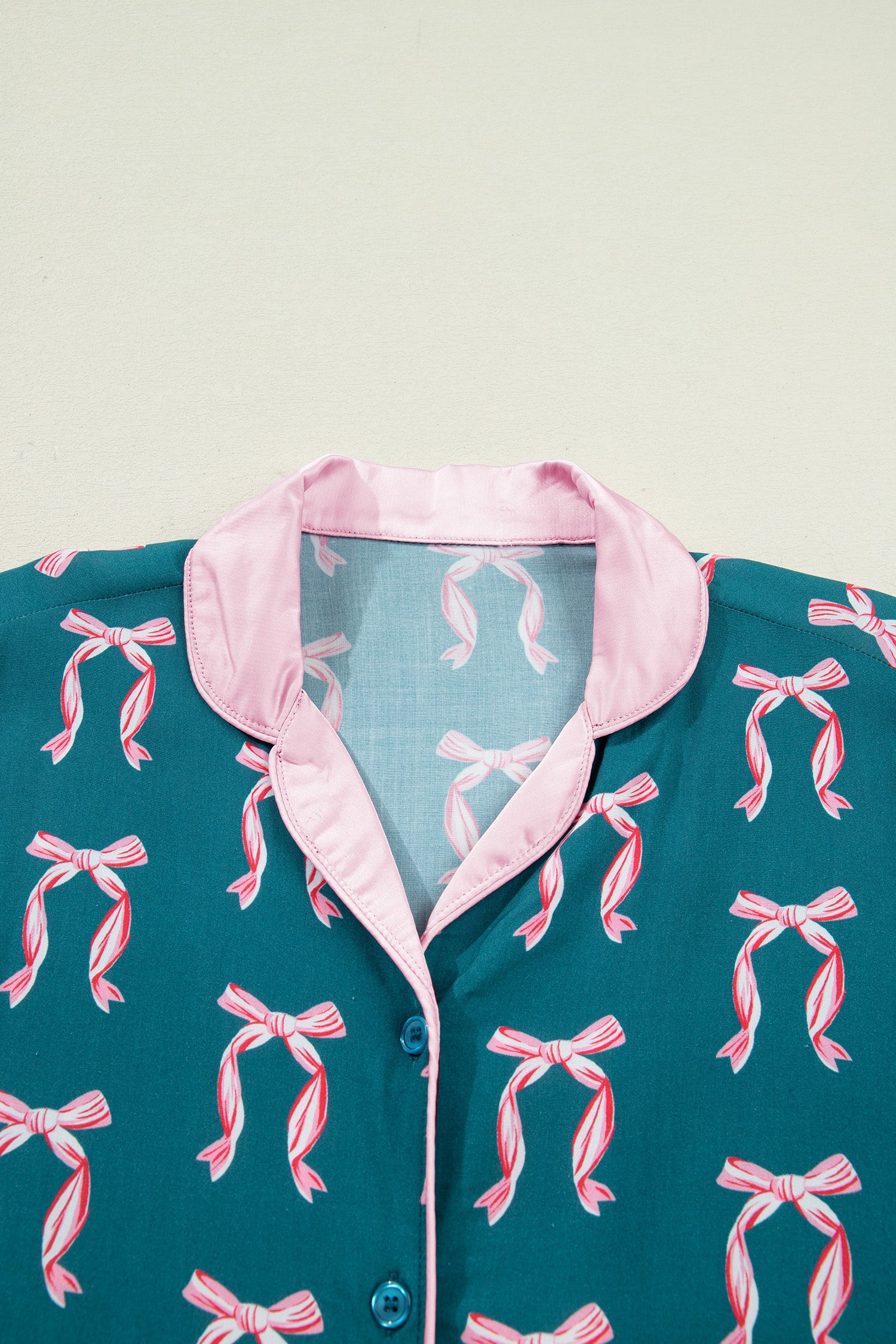 Green Ribbon Bow Print Long Sleeve Shirt and Shorts Pyjama Set - Loungewear & Sleepwear/Sleepwear