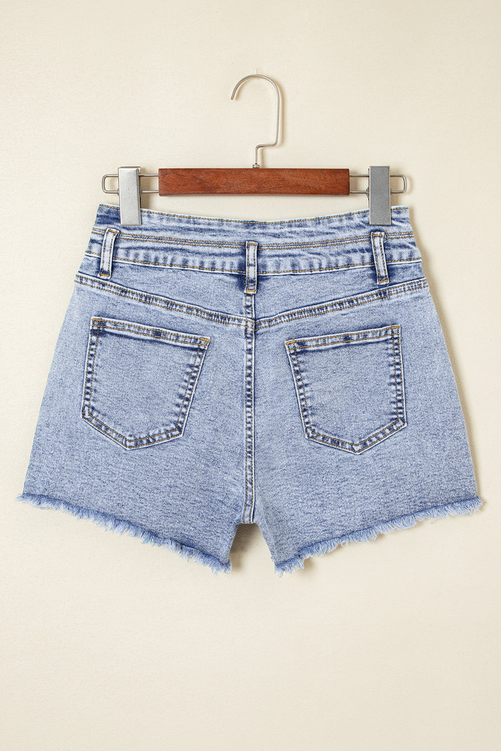 Beau Blue Rhinestone Light Wash Raw Hem High Waist Denim Shorts eAura