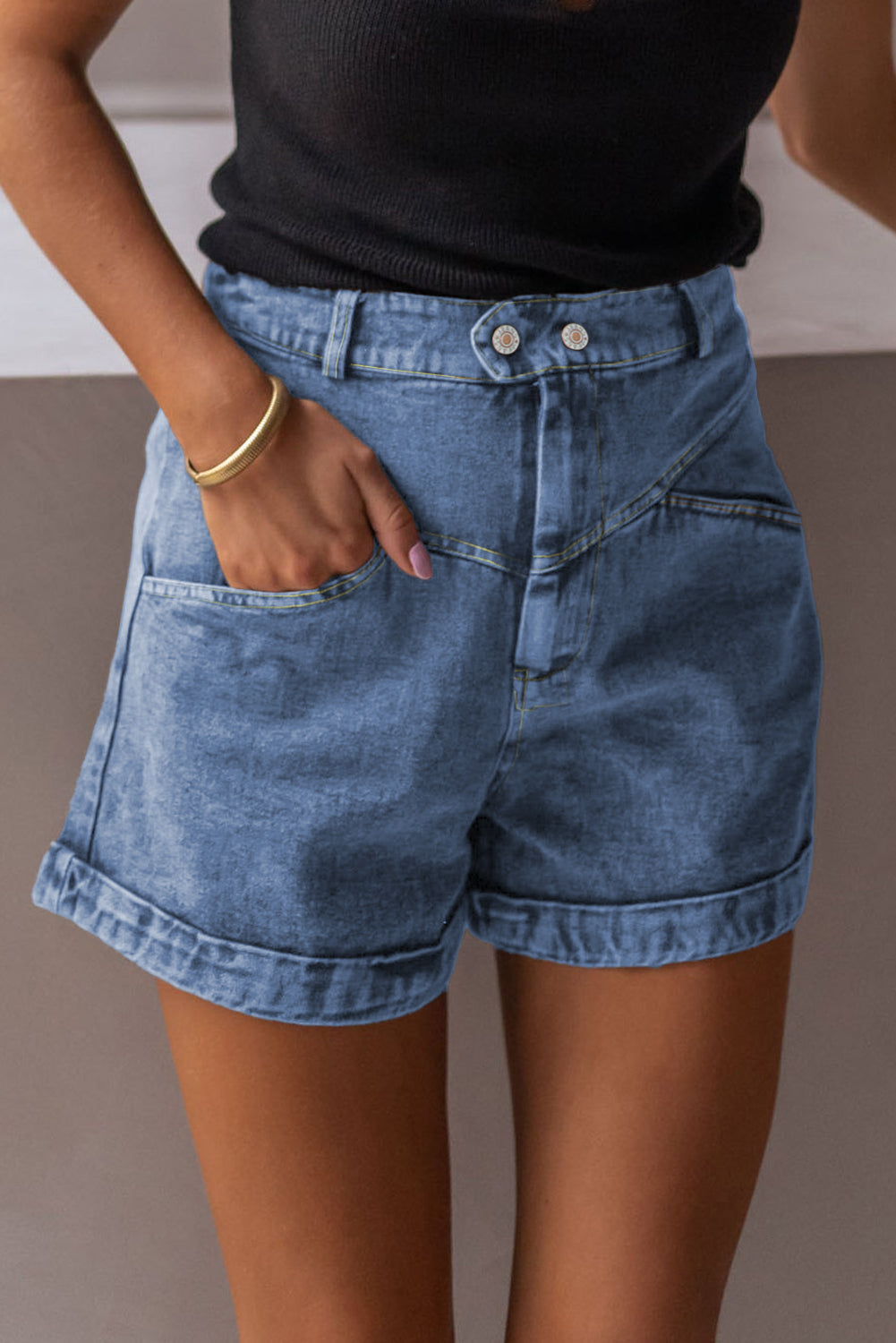 Cuffed Hem Denim Shorts with Seam Detail & Pockets
