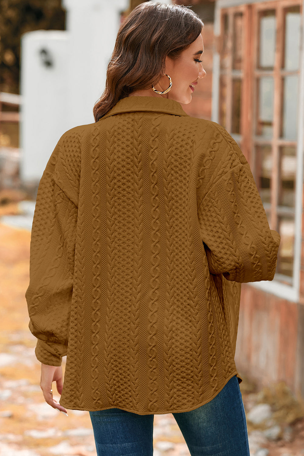 Cable Texture Puff Sleeve Loose Shacket - eAura