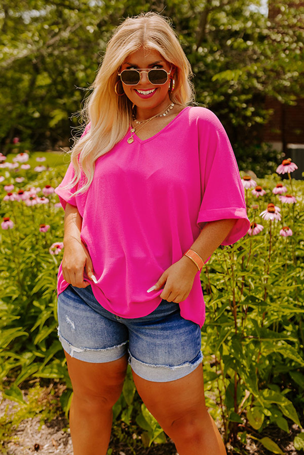 Bright Pink Seamed Back High Low Hem V Neck Cuffed Sleeve Plus Size Tee BB Fashion Outlet