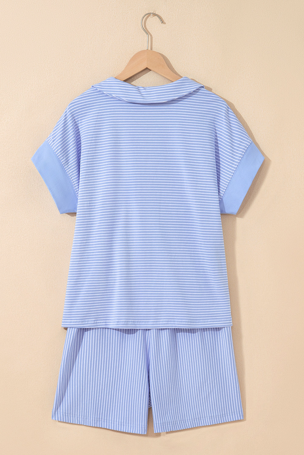 Sky Blue Stripe Dolman Sleeve Polo Shirt and Drawstring Shorts Set eAura