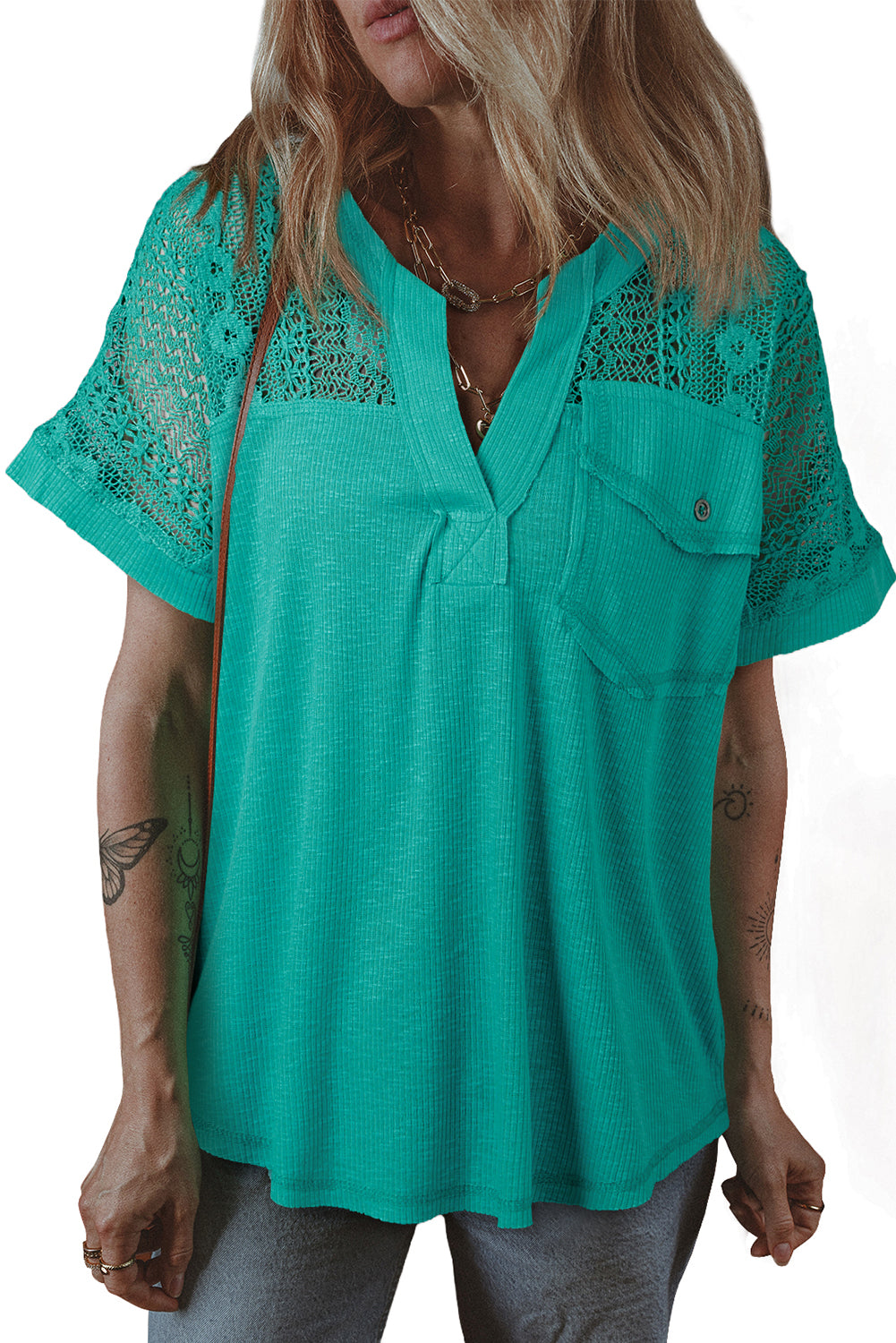 Sea Green Lace Patchwork Split Neck Textured Short Sleeve Blouse eAura