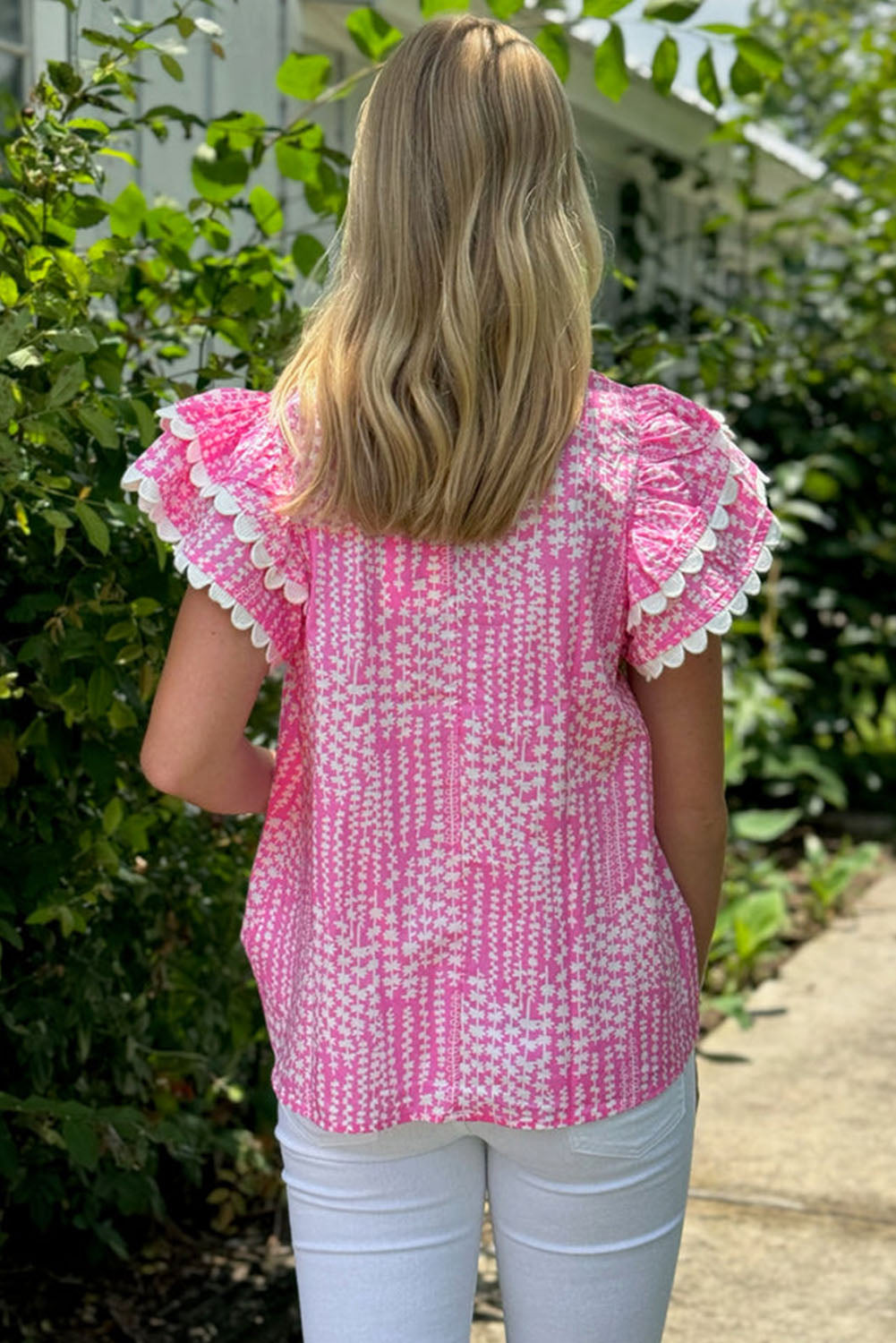 Pink Abstract Print Ric Rac Trim Flutter Sleeve Notch V Neck Blouse eAura