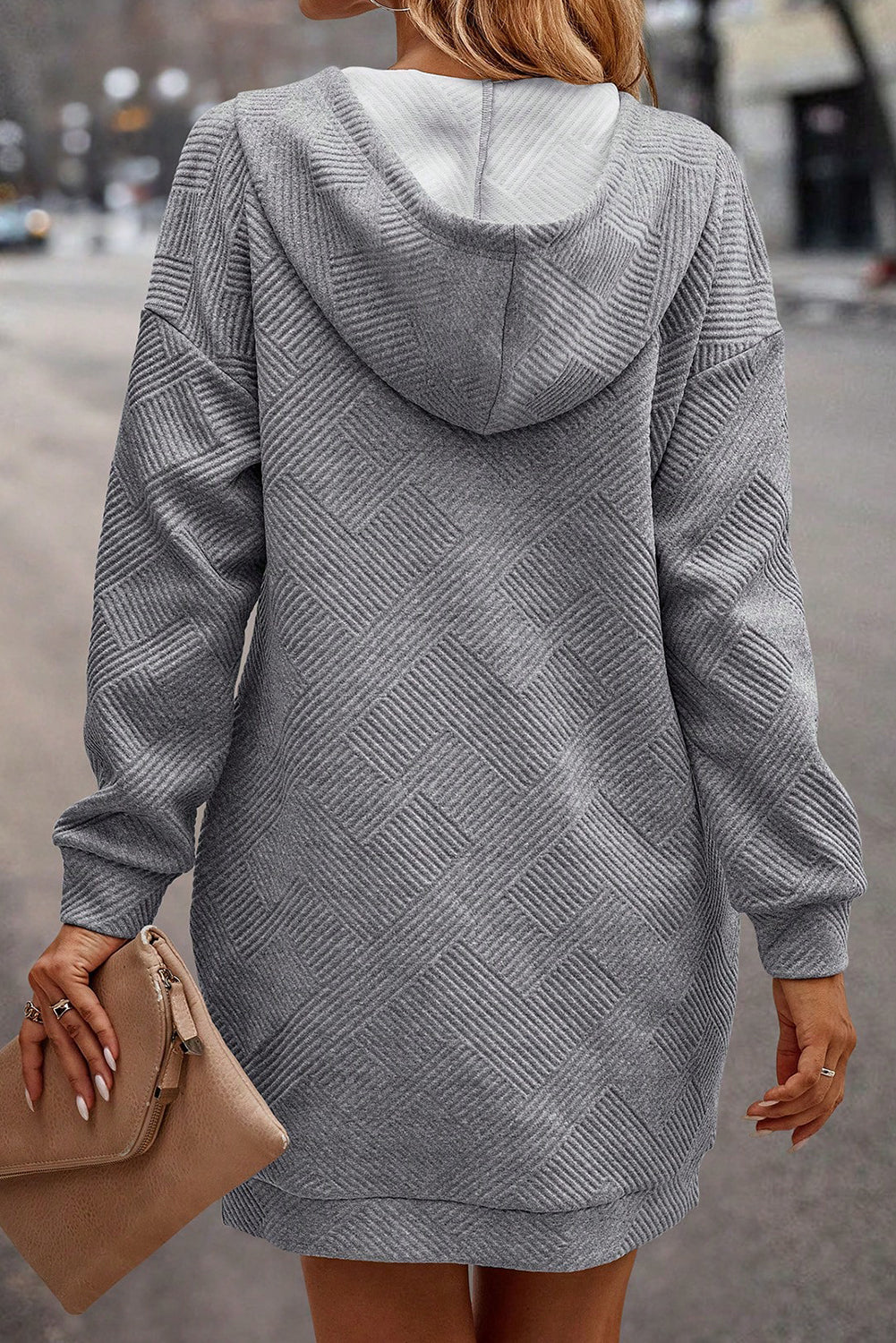 Grey Textured Kangaroo Pocket Drawstring Hooded Mini Dress eAura